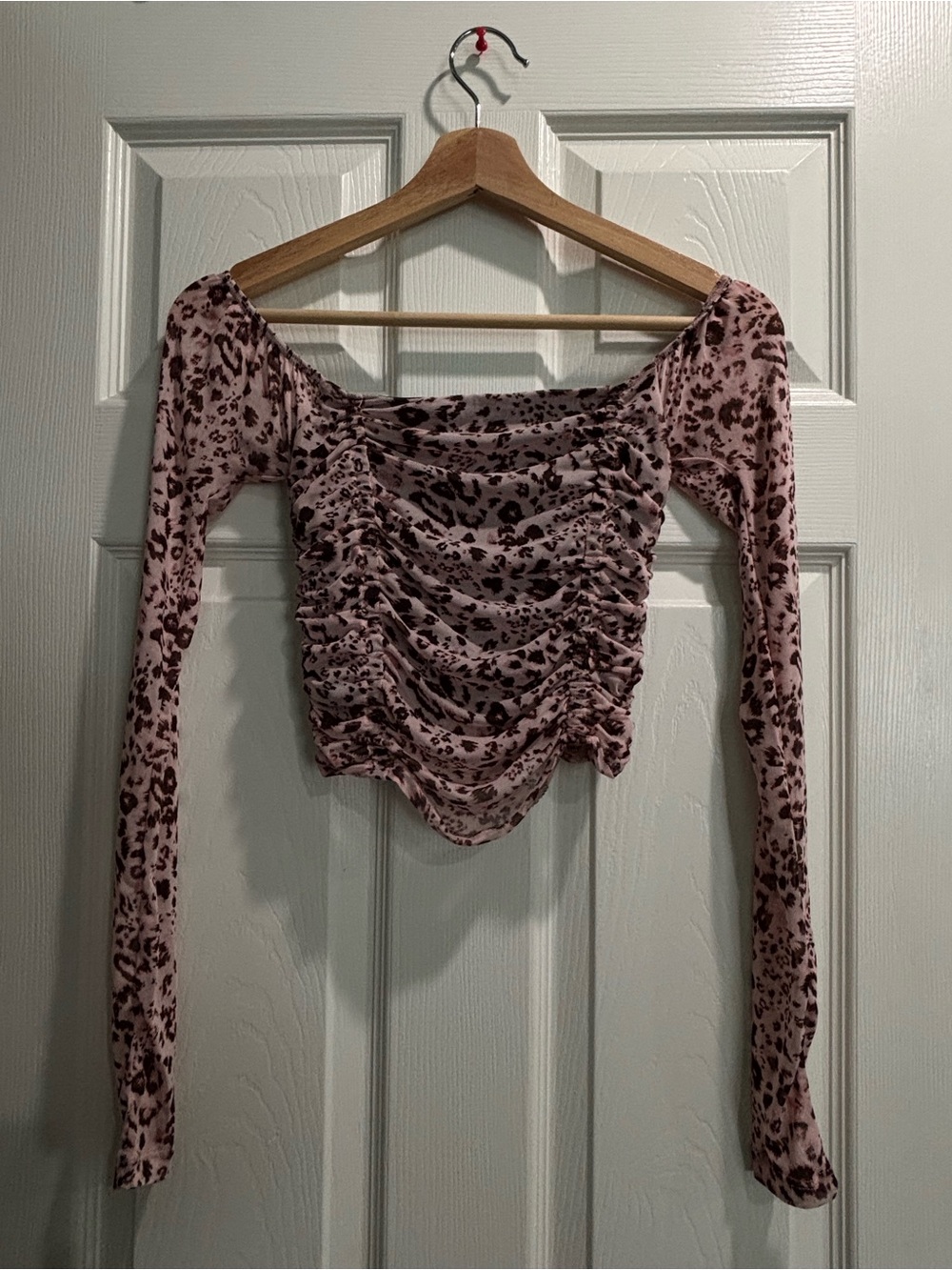 Urban Outfitters Pink Leopard Ruched Mesh Long Sleeve Top